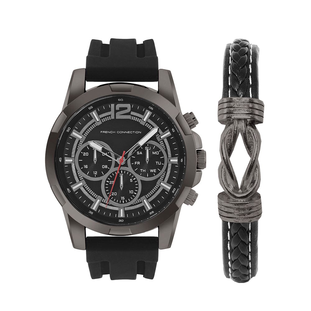 French Connection Men's 45MM Gun Metal Black Watch & Bracelet Gift Set