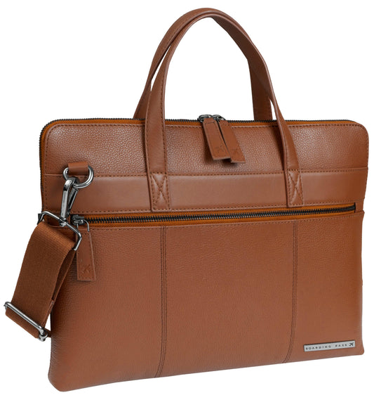 Boarding Pass Hey Handsome 16" Pebble Grain Genuine Leather Briefcase - British Tan