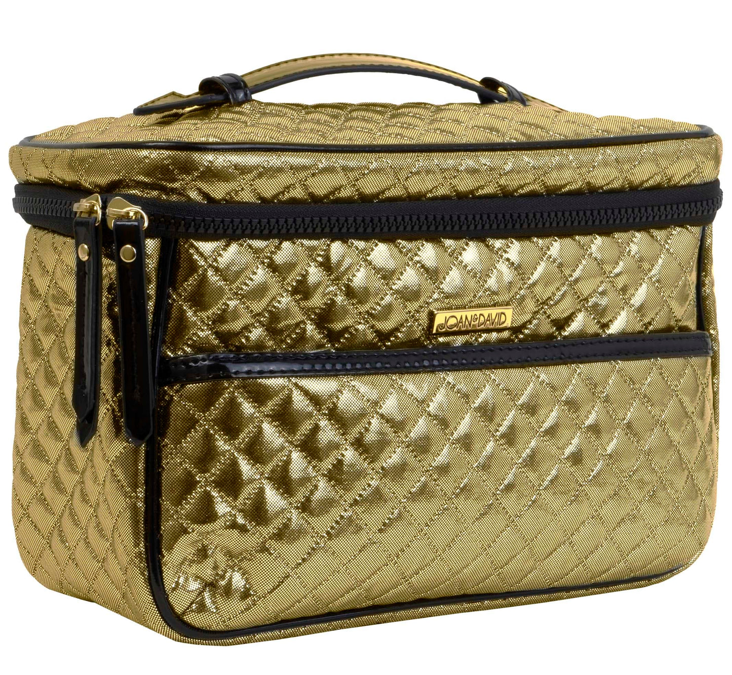 Joan & David Diamond Quilted Nylon Metallic Top Handle Train Case Cosmetic Bag