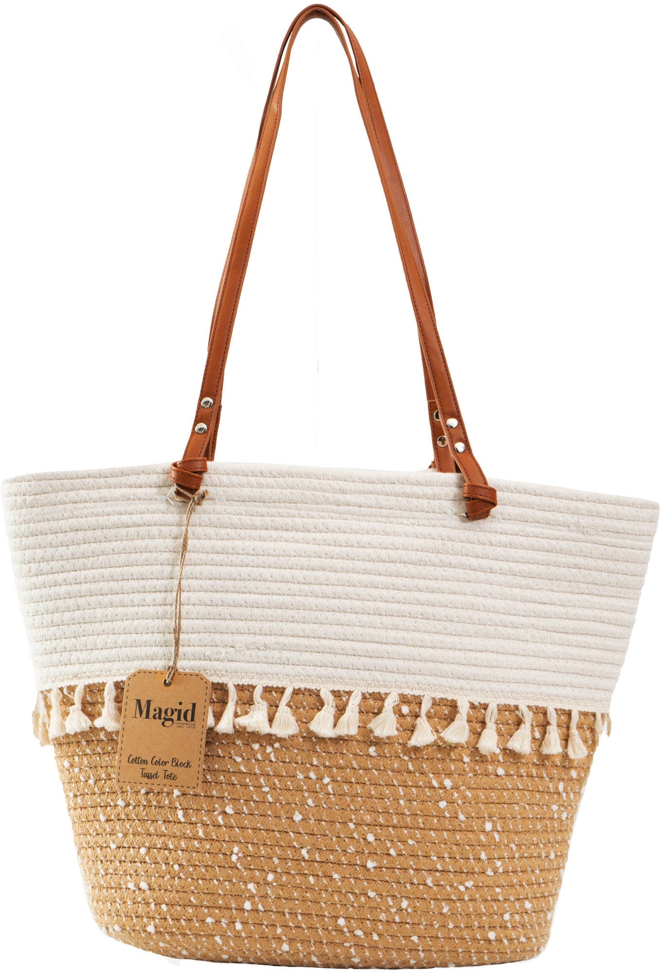 Magid Natural Cotton Woven & Faux Leather Fringe Shoulder Tote