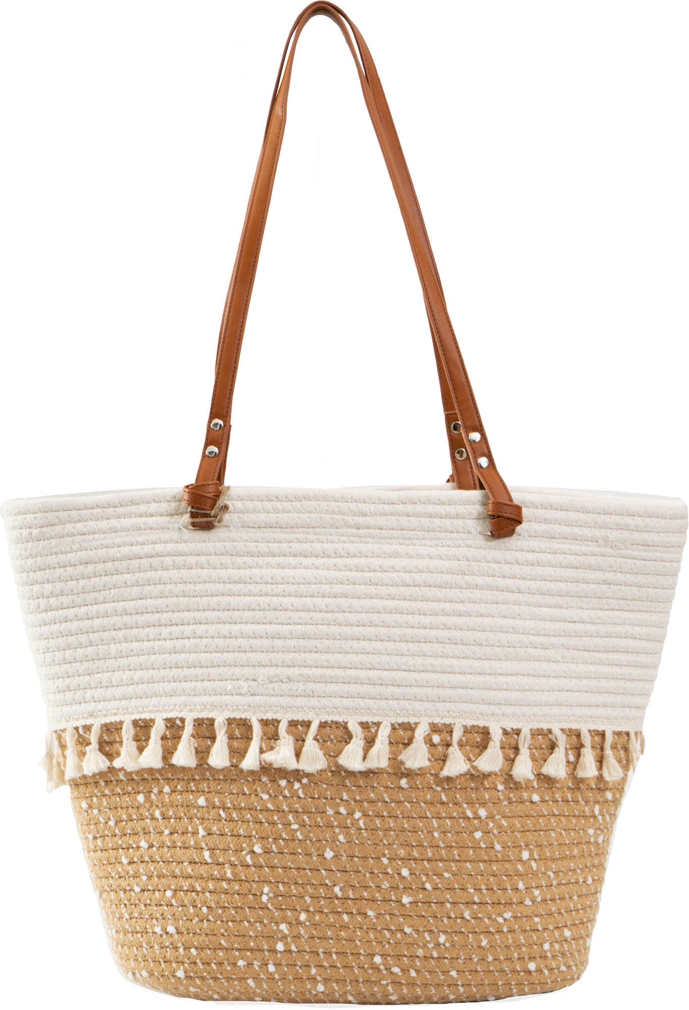 Magid Natural Cotton Woven & Faux Leather Fringe Shoulder Tote