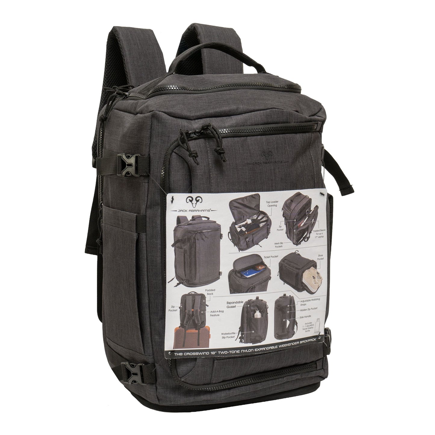 Jack Abrahams The Crosswind 18 Inch Nylon Expandable Weekender Backpack