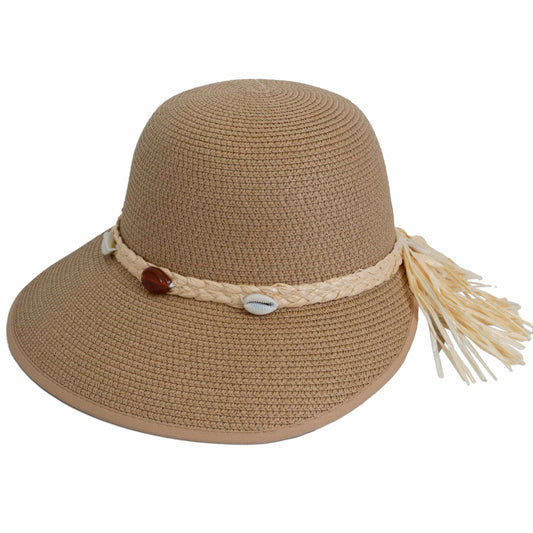 Magid Seashell Beaded Straw Frayed Brim Garden Hat
